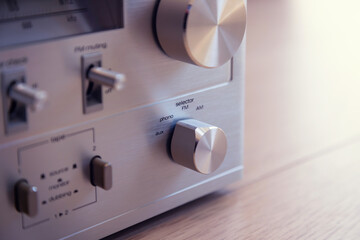 Vintage Audio Stereo Receiver Huge Shiny Metal Tuning Knob Closeup
