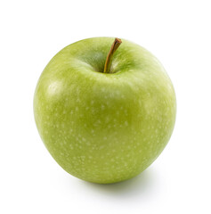 simple fresh green apple with twig close-up isolated on white background
