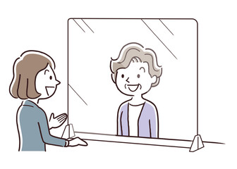 ベクターイラスト素材：コロナ対策、パーテーション、窓口、接客、受付、対応
