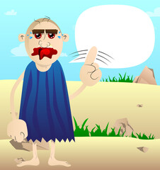 Cartoon caveman saying no with his finger. Vector illustration of a man from the stone age.
