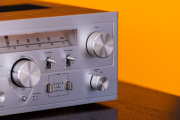 Vintage Audio Stereo Receiver Huge Shiny Metal Volume Tuning Knob Closeup