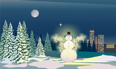 Obraz premium Snowman light up with Christmas lights on a Christmas evening. A year 2020 snowman style.