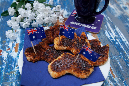 Plate of Australia Day toast with vegemite, the iconic Australian savoury spread.