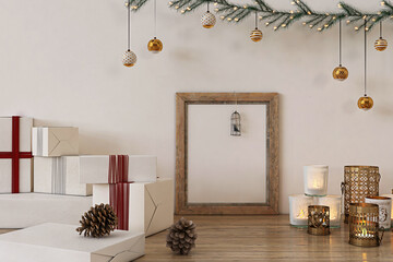 mocokup poster frame in interior with christmas decoration