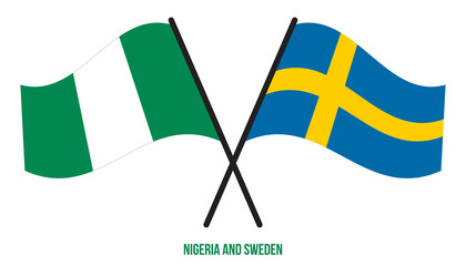 Nigeria and Sweden Flags Crossed And Waving Flat Style. Official Proportion. Correct Colors.