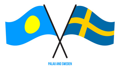Palau and Sweden Flags Crossed And Waving Flat Style. Official Proportion. Correct Colors.