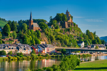 Saarburg panorama of old town on the hills in Saar river valley, Germany