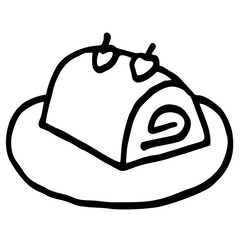 Icon of cake roll, dessert painted in black and white on a white background. Vector image