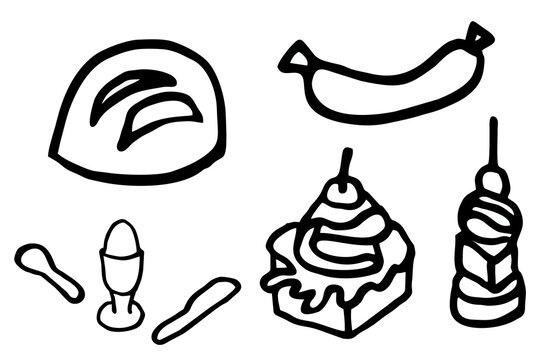 Food set icon, bread sausage canape egg, painted in black and white on a white background. Vector image