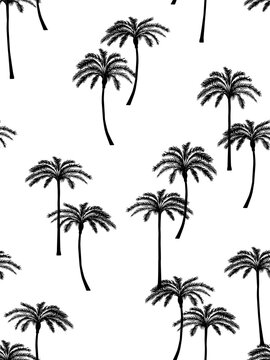 Realistic palm trees illustration seamless pattern. Flat vector in black and white