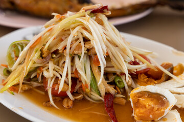 Som Tam Kai Kem, Spicy Thai papaya salad with salted eggs