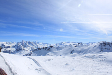Fototapeta premium Panoramic view of the mountains of France on a winter sunny day. Haute Savoy, France. Snow Park.