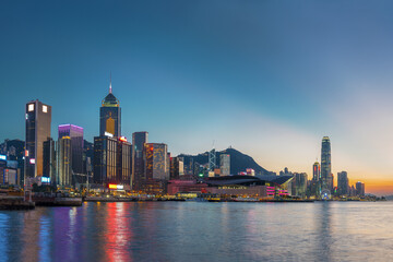 Fototapeta na wymiar Panorama of Hong Kong city under sunset