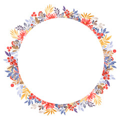 Obraz premium Watercolor wreath of round shape with painted leaves, flowers and berries. Design for postcard, invitation card, letterhead, text lettering, etc.