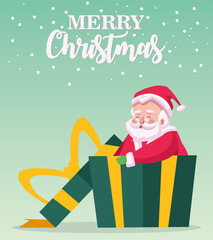 happy merry christmas lettering card with santa claus in gift