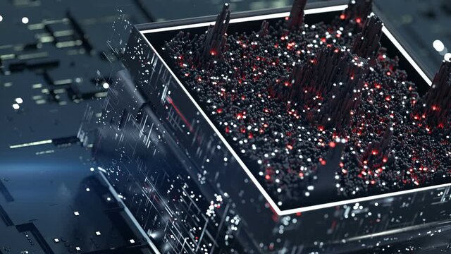 Spectral data analysis. Processing digital stream. Seamless loop 3D render animation with DOF