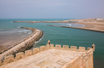 View of the mouth of the Bouregreg River and Atlantic ocean as seen from Kasbah of the Udayas in Rabat, the capital of Morocco. This kasbah is a UNESCO World Heritage site.
