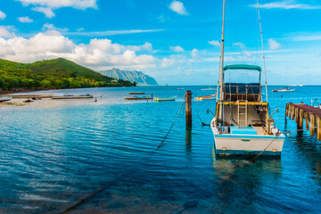 Charter Fishing Boat Moored at Heeia Kea Marina With Mokolii Island (Chinamans Hat) Across Kaneohe...