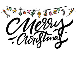 Obraz premium Merry Christmas lettering black color. Decor elements.