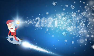 Santa claus drive rocket launch and smoke through cloud into 2021. Startup - flat design. Vector illustration.