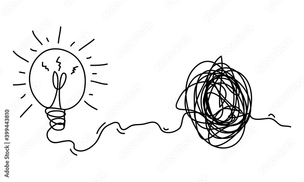 Poster scribble line doodles. the idea concept of transition from complicated to simple with bulb lamp, iso