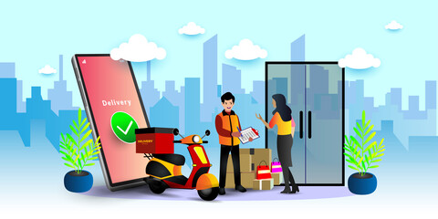 Online delivery service concept, online order tracking, City logistics. Warehouse, truck, forklift, courier, delivery man, on mobile. Vector illustration