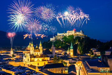 Fototapeta premium Fireworks display near Salzburg Festung Hohensalzburg fortress, Austria