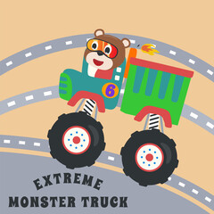 Fototapeta premium Cartoon vector of monster truck with little animal driver. Can be used for t-shirt print, kids wear fashion design, invitation card. fabric, textile, nursery wallpaper, poster and other decoration.
