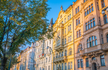 Facade of colorful buildings in Prague. Czech Republic