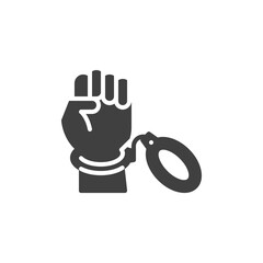 Raised hand with handcuff vector icon. filled flat sign for mobile concept and web design. Handcuffed hand glyph icon. Freedom, demonstration symbol, logo illustration. Vector graphics