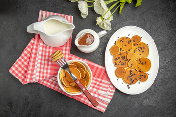 top view little pancakes on dark background cake dessert