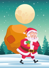 cute santa claus with giftbag at night scene