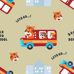 Obraz premium seamless pattern of Cute animals in school bus. Creative vector childish background for fabric, textile, nursery wallpaper, card, poster and other decoration.