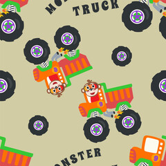 Obraz premium seamless pattern monster trucks with animal driver, Creative vector childish background for fabric, textile, nursery wallpaper, card, poster and other decoration.