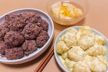 Rice cakes made with bean flour and mashed adzuki beans, Watery Kimchi (mulgimchi, mulkimchi), Korean traditional food, dessert, Injeolmi, tteok, homemade food.