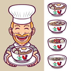 noodles food chef character label logo set illustration