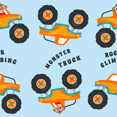 seamless pattern monster trucks with animal driver, Creative vector childish background for fabric, textile, nursery wallpaper, card, poster and other decoration. © Hijaznahwani