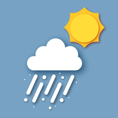 White paper cloud with snowflakes. Falling Snow. Sun and cloud. Paper cut Weather. Winter time.