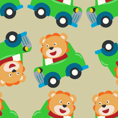 Obraz na płótnie Canvas Seamless pattern vector of vehicle cartoon with funny animal. Creative vector childish background for fabric, textile, nursery wallpaper, card, poster and other decoration.