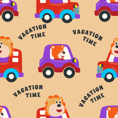 Seamless pattern vector of vehicle cartoon with funny animal. Creative vector childish background for fabric, textile, nursery wallpaper, card, poster and other decoration.