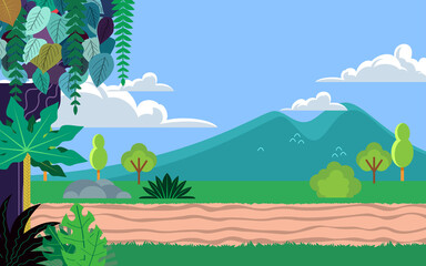 landscape of countryside road in the jungle in flat design