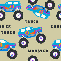 seamless pattern vector of monster truck cartoon, Creative vector childish background for fabric, textile, nursery wallpaper, card, poster and other decoration. © Hijaznahwani