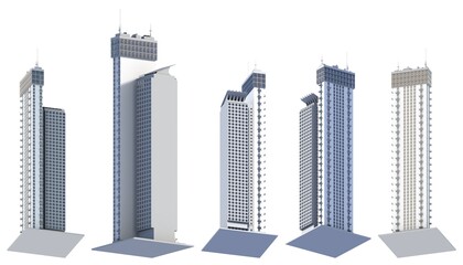 Obraz premium 5 low view renders of fictional design corporate tall buildings block of flat towers with sky reflections - isolated on white, 3d illustration of architecture