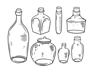 Bottles and Jars. Engraving style. Black and white colors.