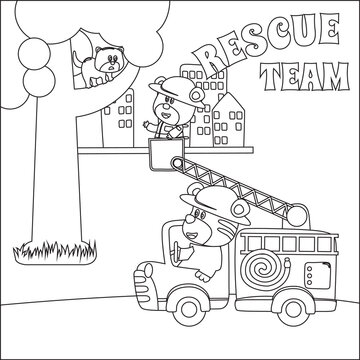 Fire rescue team with funny firefighter, vector cartoon, Cartoon isolated vector illustration, Creative vector Childish design for kids activity colouring book or page.