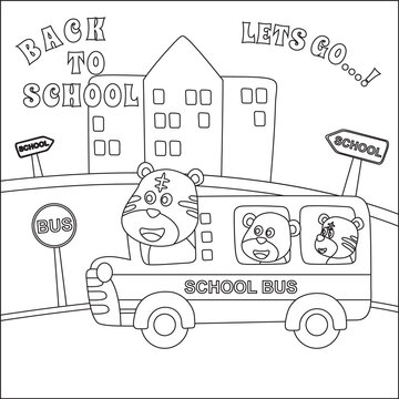 School bus cartoon. Cute animal in school bus. Coloring book. Cartoon isolated vector illustration, Creative vector Childish design for kids activity colouring book or page.