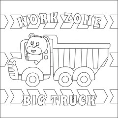 Construction vehicles coloring book or page with cute litle animal driver, Cartoon isolated vector illustration, Creative vector Childish design for kids activity colouring book or page.