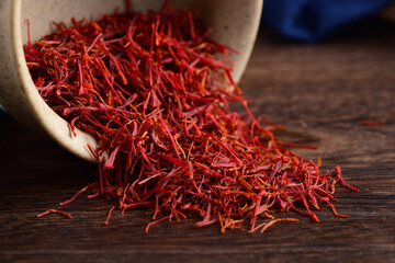 Close-up pictures of traditional Chinese medicine saffron on the background of retro Chinese style