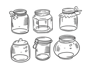 Engraving black and jars set. Hand drawing vector illustration.