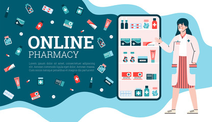 App for online pharmacy store with distance selects drugs and medications and consultation of doctor or pharmacist. Medicine ordering via internet. Vector illustration.